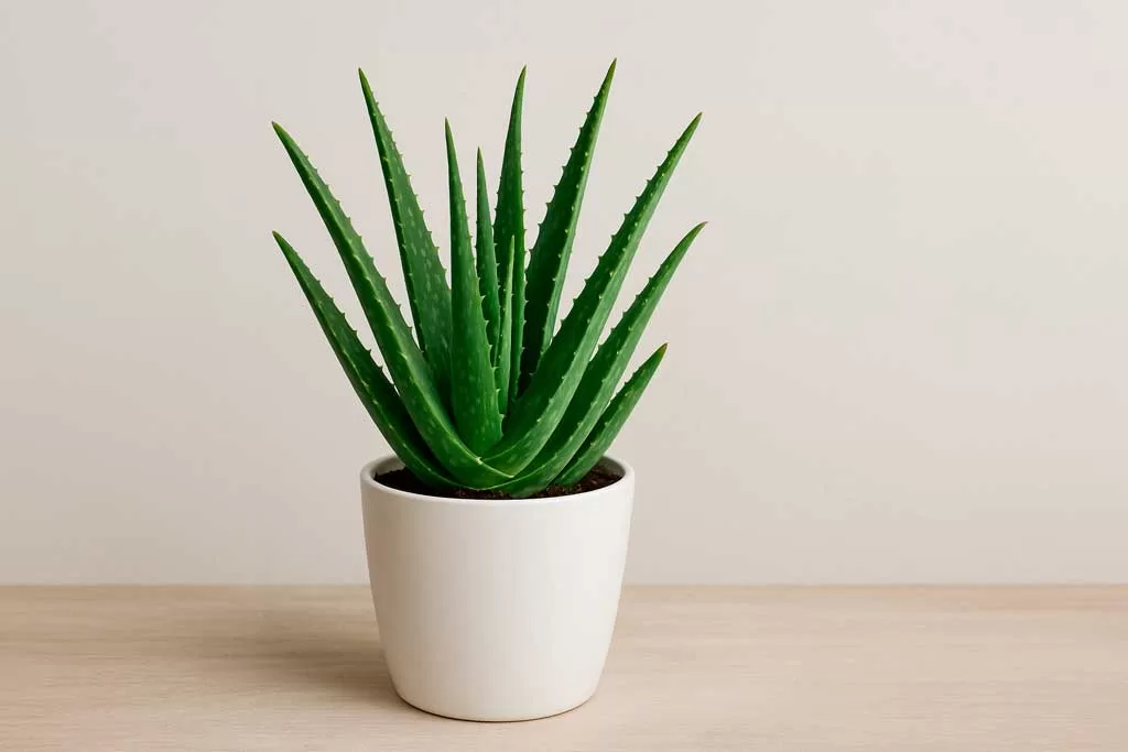 Aloe vera em vaso branco na cozinha para uso terapêutico