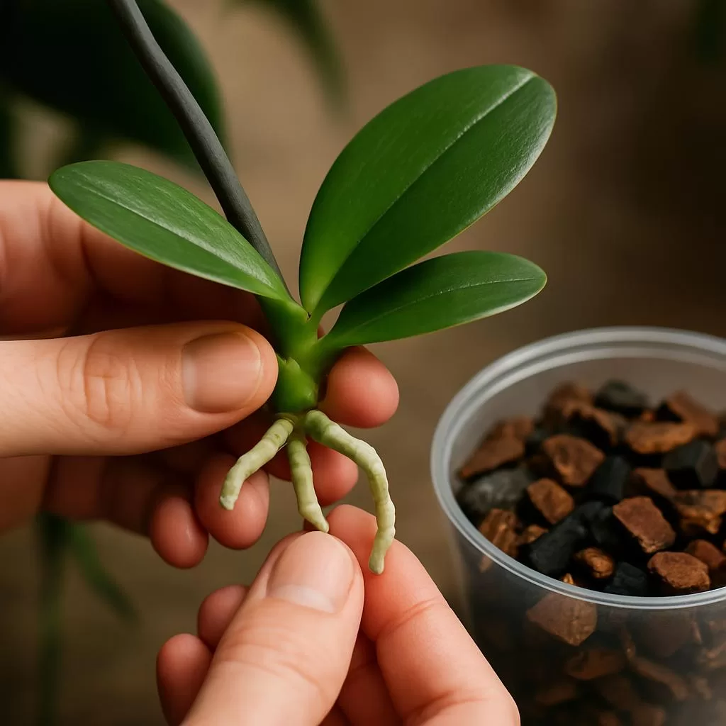 Keiki de orquídea Phalaenopsis sendo separado para propagação em vaso pequeno.