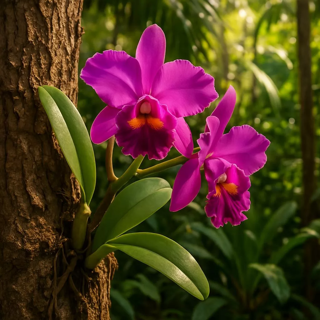 Orquídea Cattleya fixada em árvore em jardim tropical brasileiro, exemplificando o cultivo natural externo.