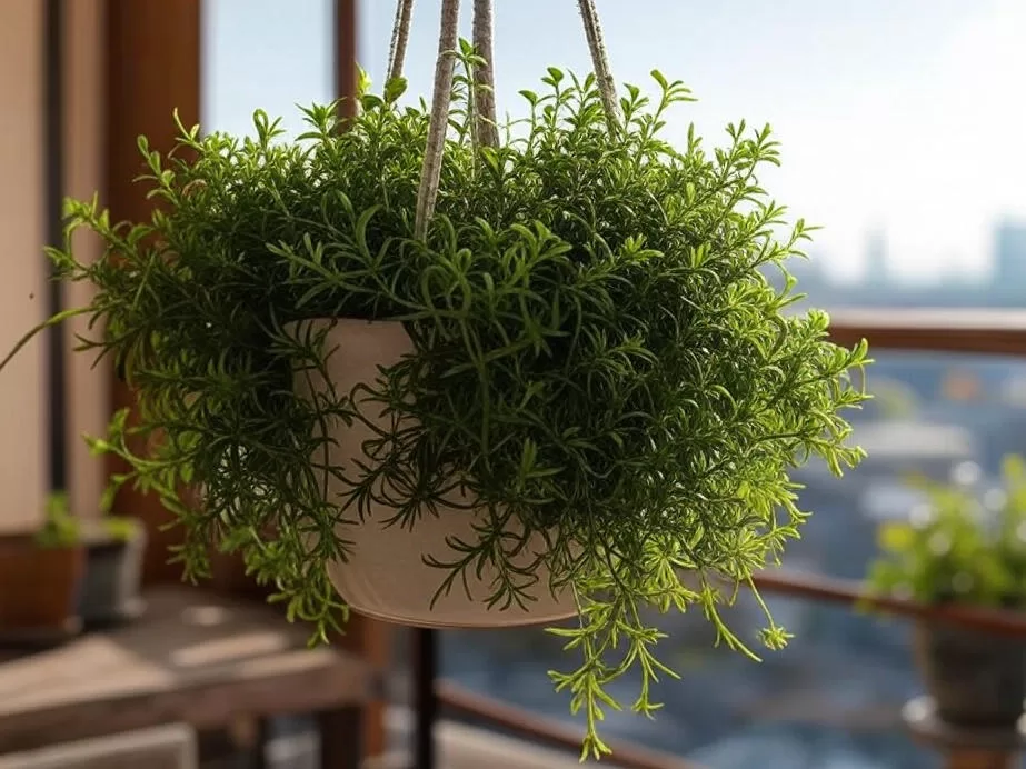 Planta-arame em vaso pendente na varanda para decoração