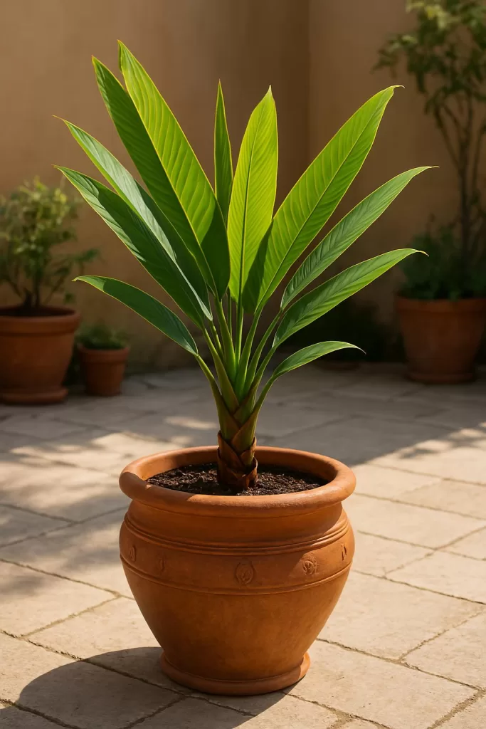 Ravenala em vaso pela manhã, mostrando cuidados essenciais para seu cultivo.