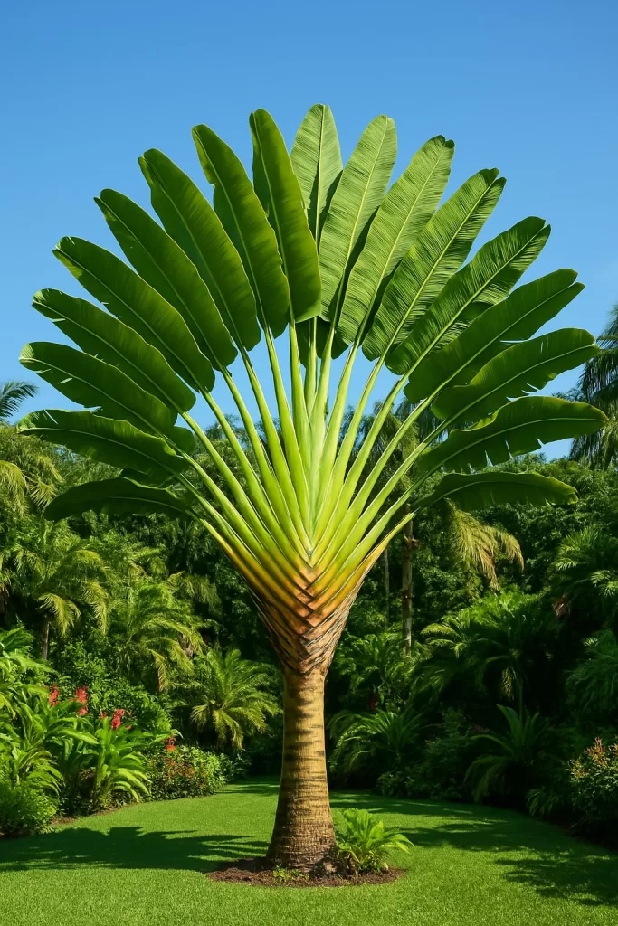 Ravenala com folhas em leque em um jardim tropical brasileiro, mostrando como cultivar essa planta exótica.